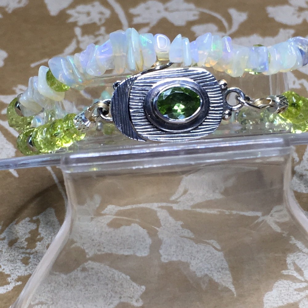 SALE Elegant Sterling Sterling, Opal & Peridot Double Wrap Bracelet OOAK - Picture 10 of 10